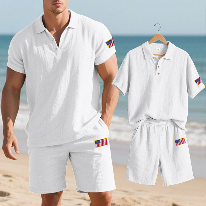 Herrarnas polo- och shorts-set med broderad nationsflagga-motiv Mirla-Eva Jonsson
