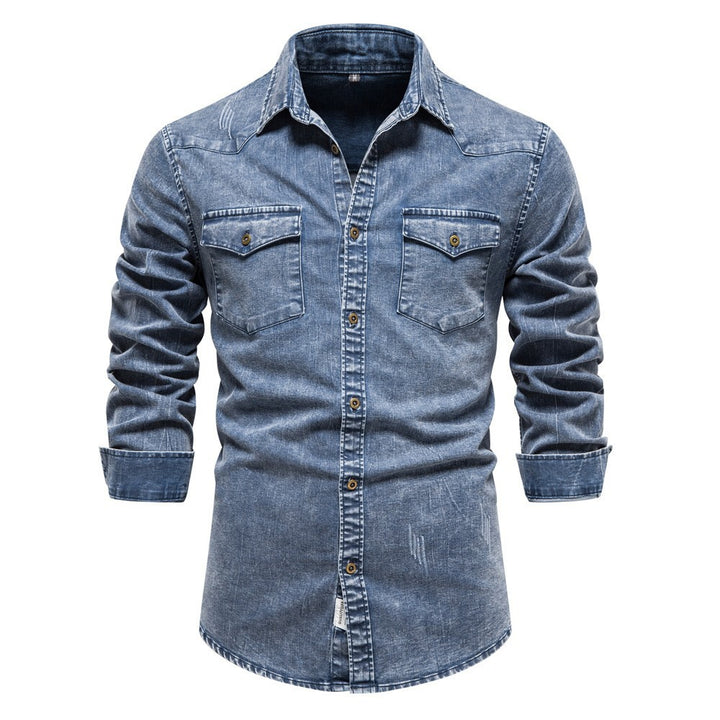 Herren Denim Skjorta med två bröstfickor och smakfulla broderier Mirla-Eva Jonsson