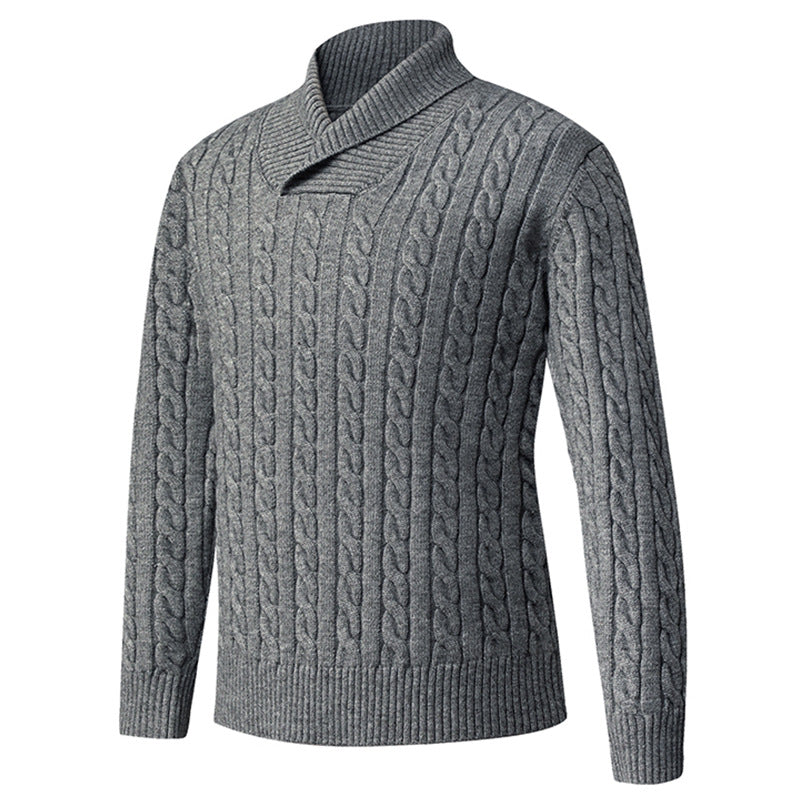 Herren Grobstrickpullover med modern sjalkrage och flätmönster Mirla-Eva Jonsson
