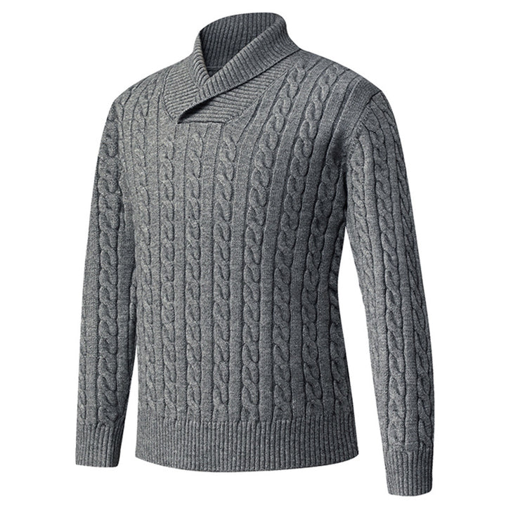 Herren Grobstrickpullover med modern sjalkrage och flätmönster Mirla-Eva Jonsson