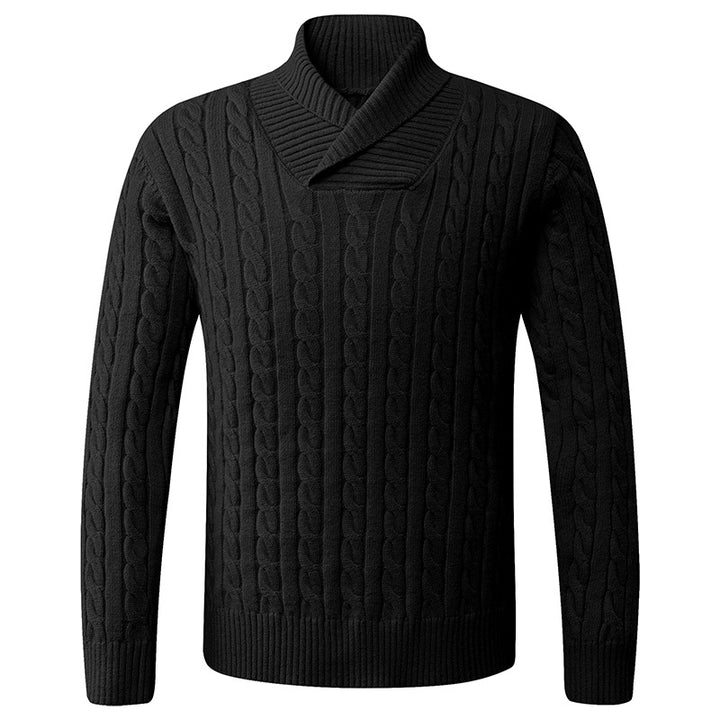 Herren Grobstrickpullover med modern sjalkrage och flätmönster Mirla-Eva Jonsson