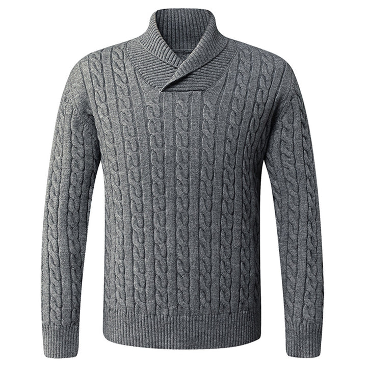 Herren Grobstrickpullover med modern sjalkrage och flätmönster Mirla-Eva Jonsson