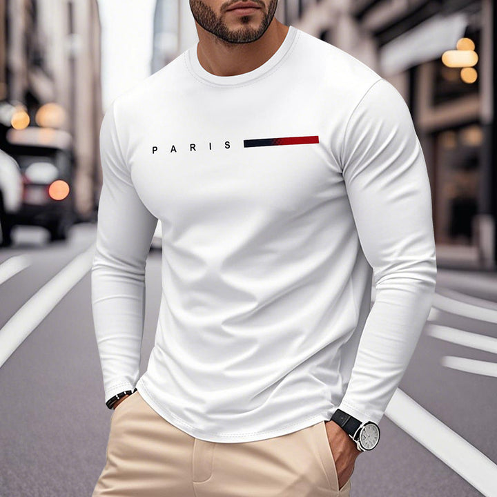 Herren Långärmad T-Shirt med Modern Paris-Tryck och Elastisk Fåll Mirla-Eva Jonsson