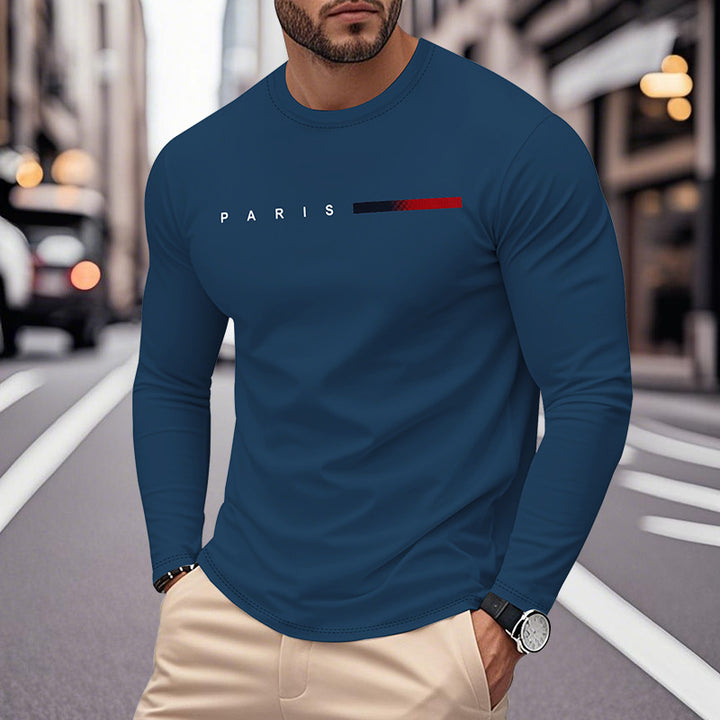 Herren Långärmad T-Shirt med Modern Paris-Tryck och Elastisk Fåll Mirla-Eva Jonsson