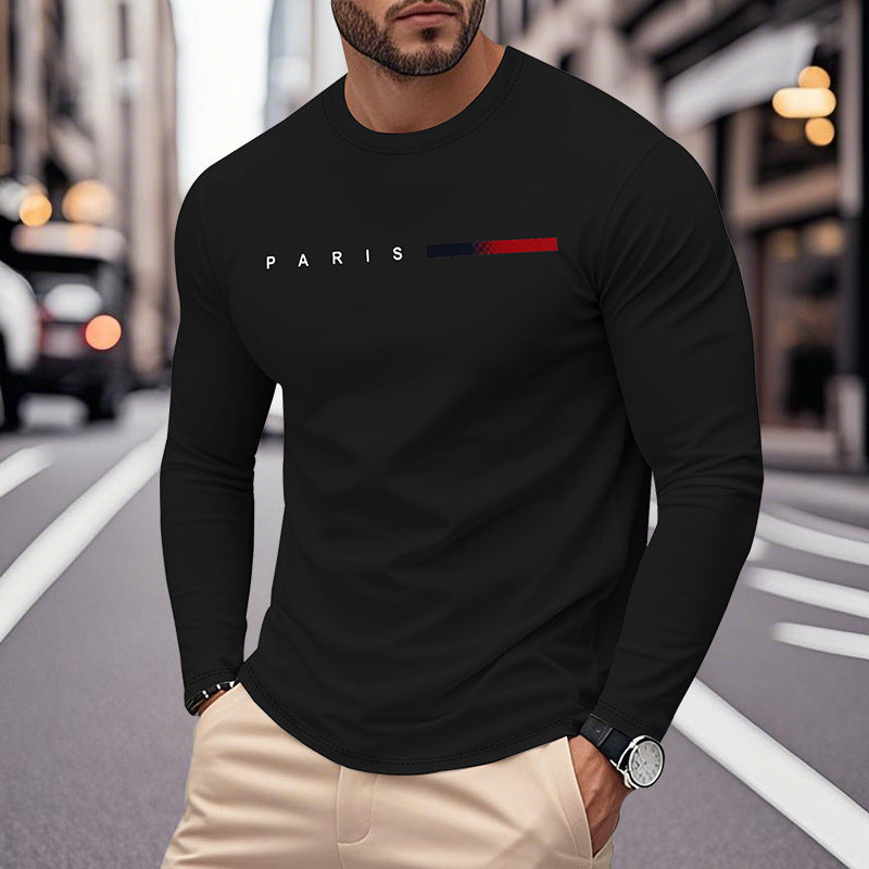 Herren Långärmad T-Shirt med Modern Paris-Tryck och Elastisk Fåll Mirla-Eva Jonsson