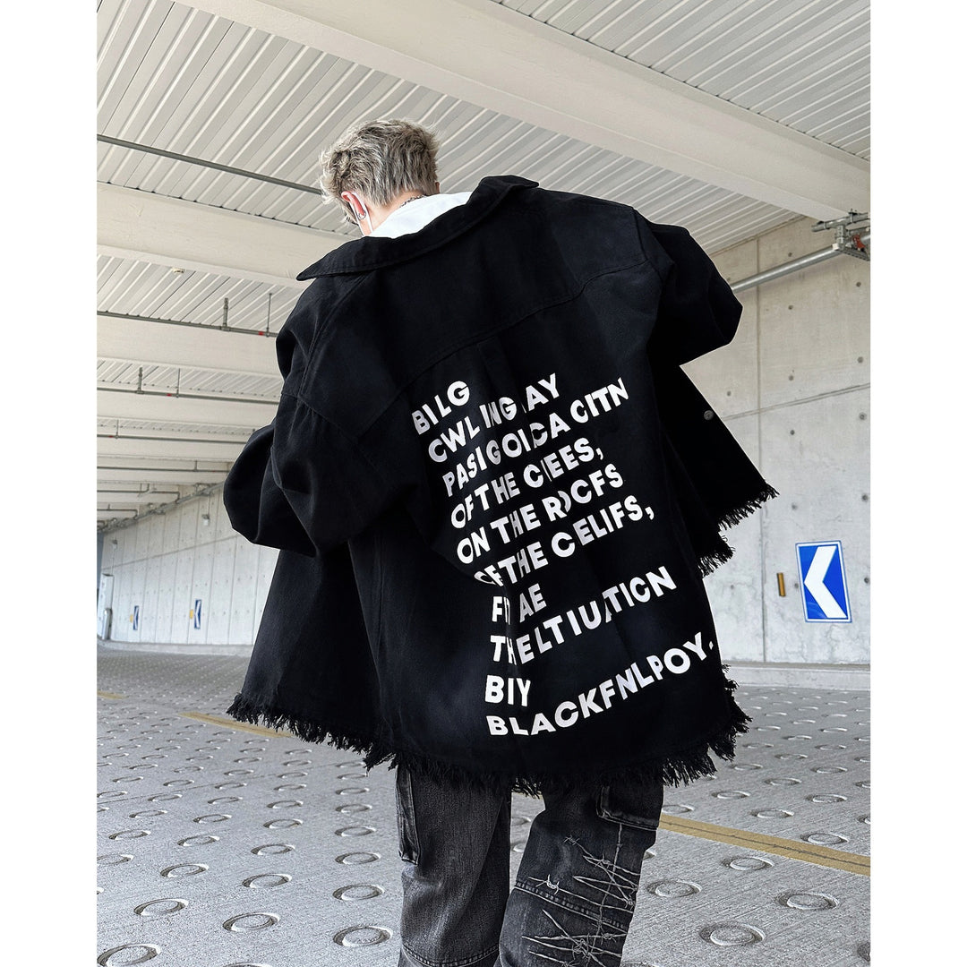 Herren Oversize-Denimjacka med fransar och grafiskt tryck Mirla-Eva Jonsson