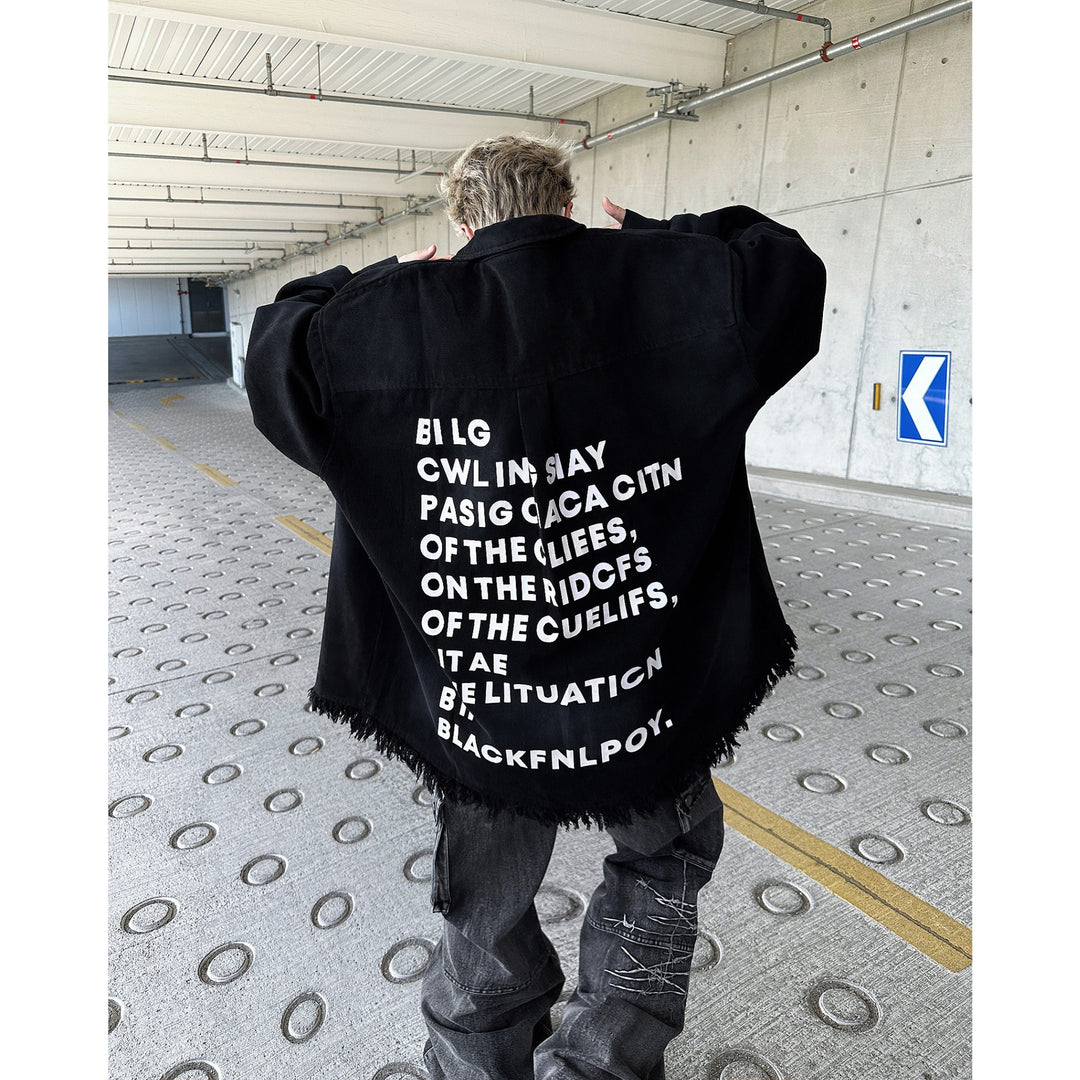 Herren Oversize-Denimjacka med fransar och grafiskt tryck Mirla-Eva Jonsson