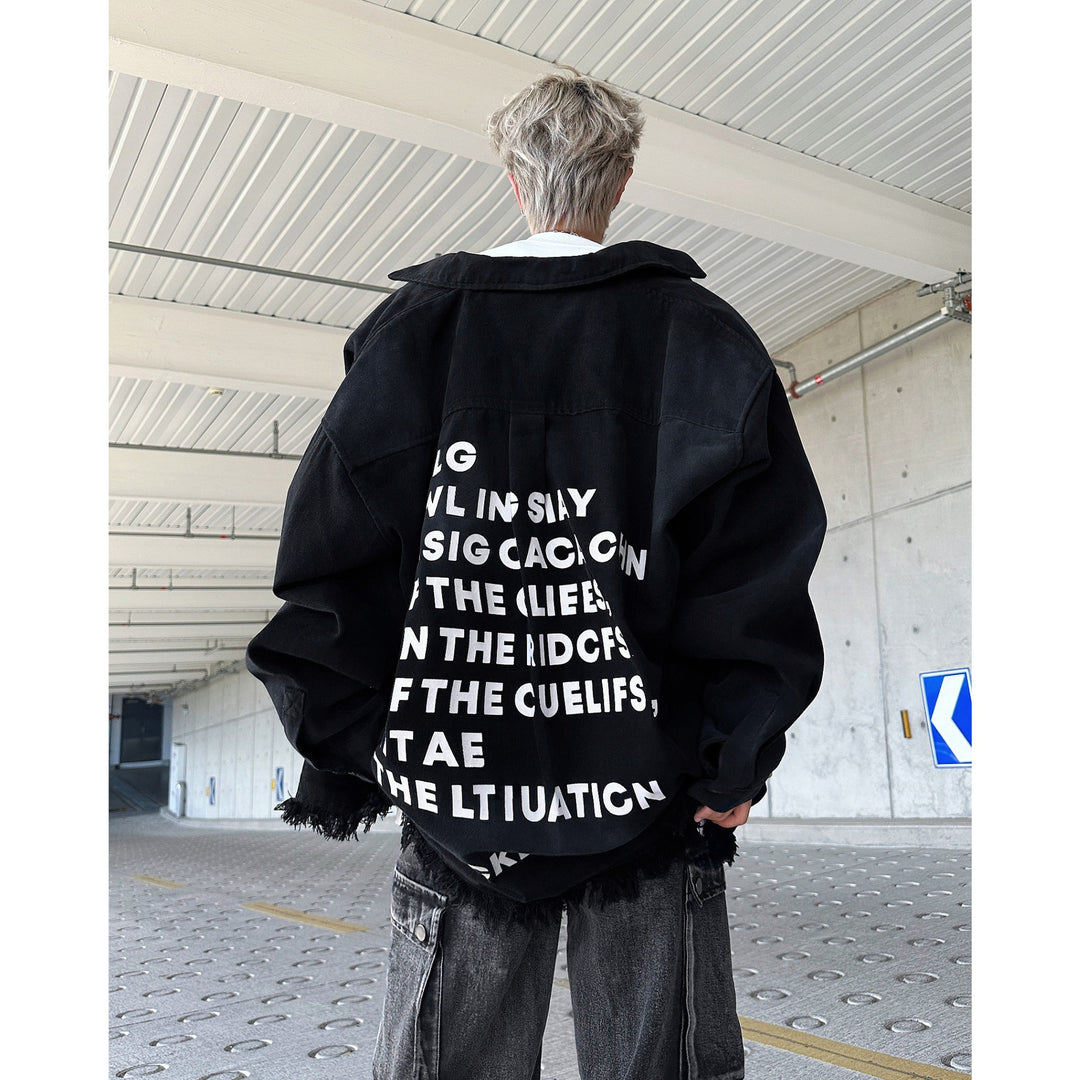 Herren Oversize-Denimjacka med fransar och grafiskt tryck Mirla-Eva Jonsson