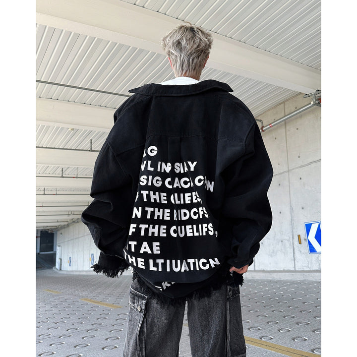 Herren Oversize-Denimjacka med fransar och grafiskt tryck Mirla-Eva Jonsson