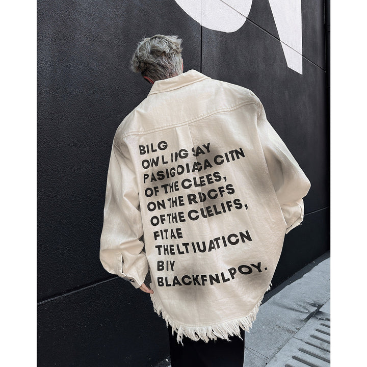 Herren Oversize-Denimjacka med fransar och grafiskt tryck Mirla-Eva Jonsson