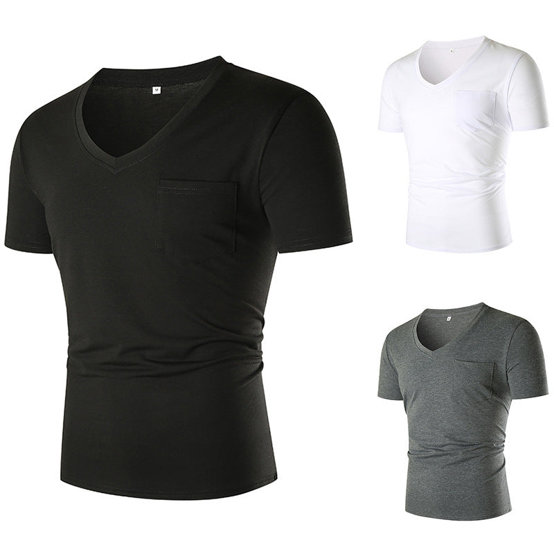 Herren V-hals T-shirt med bröstficka och kroppsnära passform Mirla-Eva Jonsson
