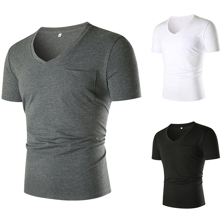 Herren V-hals T-shirt med bröstficka och kroppsnära passform Mirla-Eva Jonsson