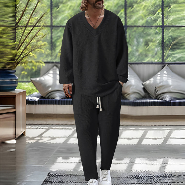 Herren avslappnad V-hals Sweatsuit med praktisk fickdesign Mirla-Eva Jonsson