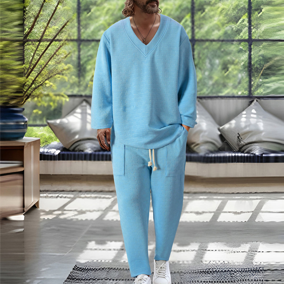Herren avslappnad V-hals Sweatsuit med praktisk fickdesign Mirla-Eva Jonsson