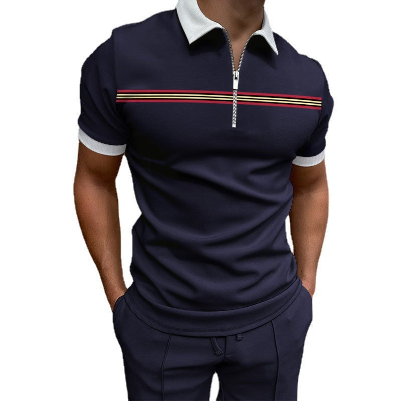 Herren avslappnad kortärmad polo t-shirt med dragkedja och sportigt randmönster Eva Jonsson-Eva Jonsson