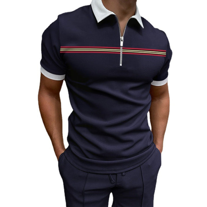 Herren avslappnad kortärmad polo t-shirt med dragkedja och sportigt randmönster Eva Jonsson-Eva Jonsson