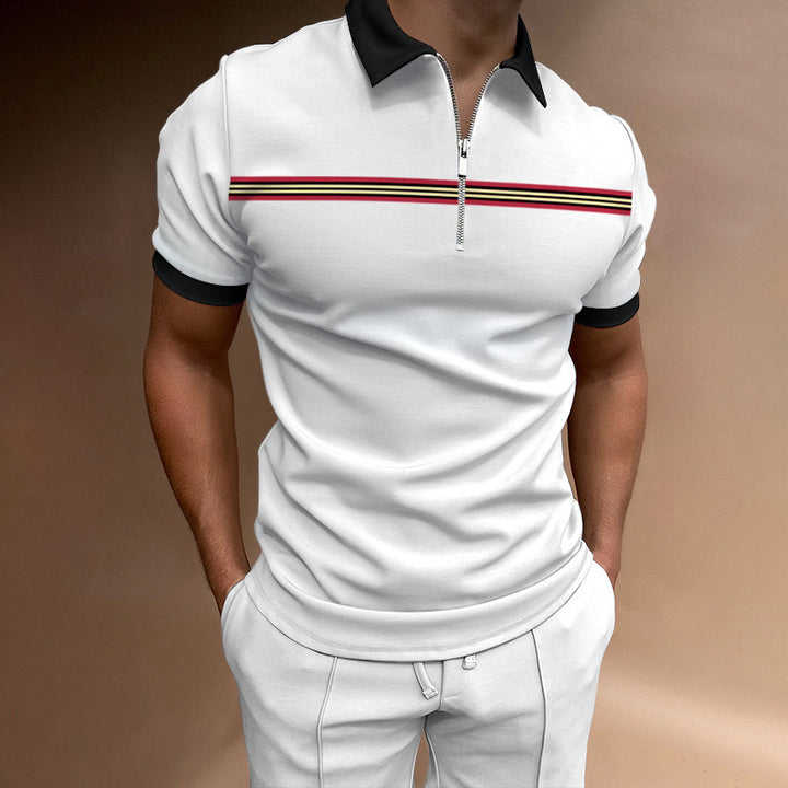 Herren avslappnad kortärmad polo t-shirt med dragkedja och sportigt randmönster Mirla-Eva Jonsson