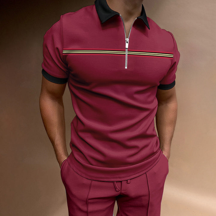 Herren avslappnad kortärmad polo t-shirt med dragkedja och sportigt randmönster Mirla-Eva Jonsson