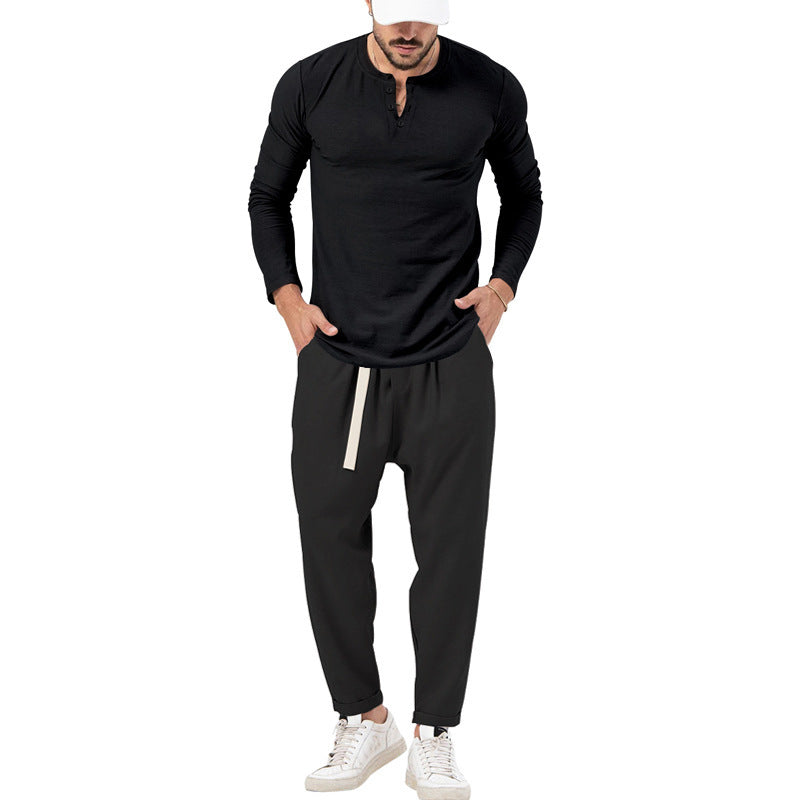 Herren avslappnad långärmad Henley-shirt i kombination med elegant joggbyxa Eva Jonsson-Eva Jonsson