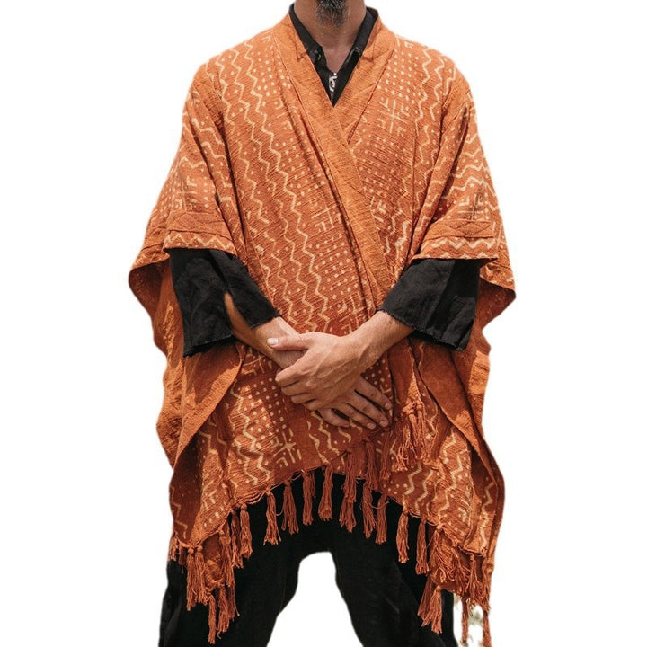 Herren avslappnad poncho med unik mönsterblandning och fransar Mirla-Eva Jonsson