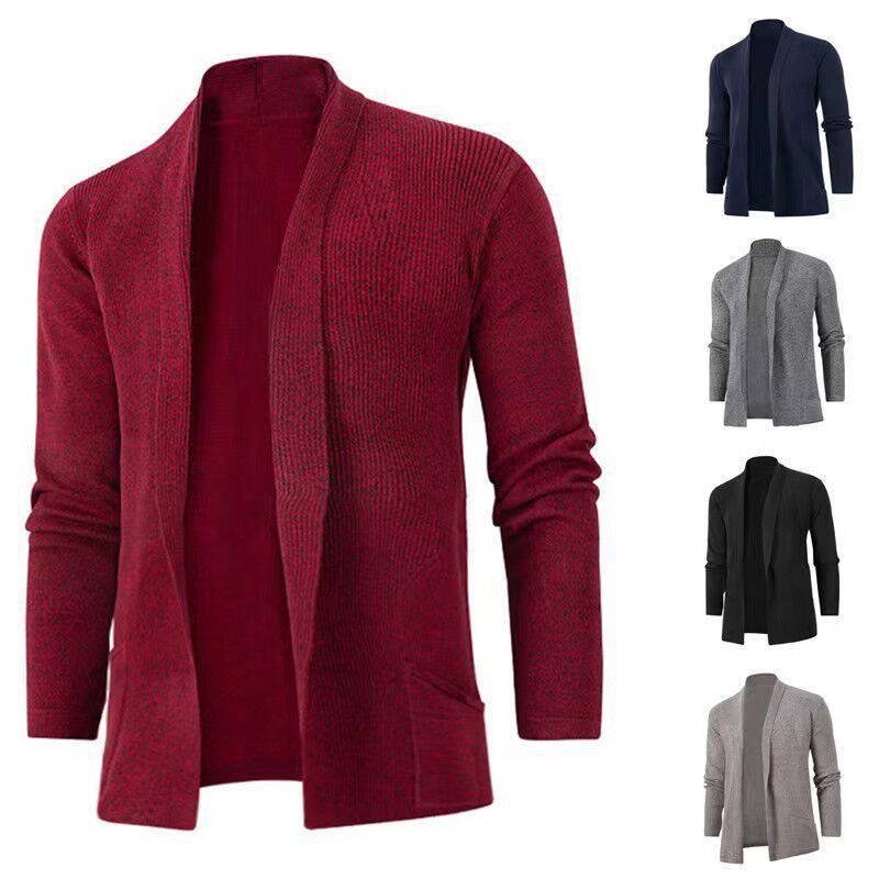 Herren avslappnad stickad jacka med öppen krage och elegant ribbdesign Eva Jonsson-Eva Jonsson
