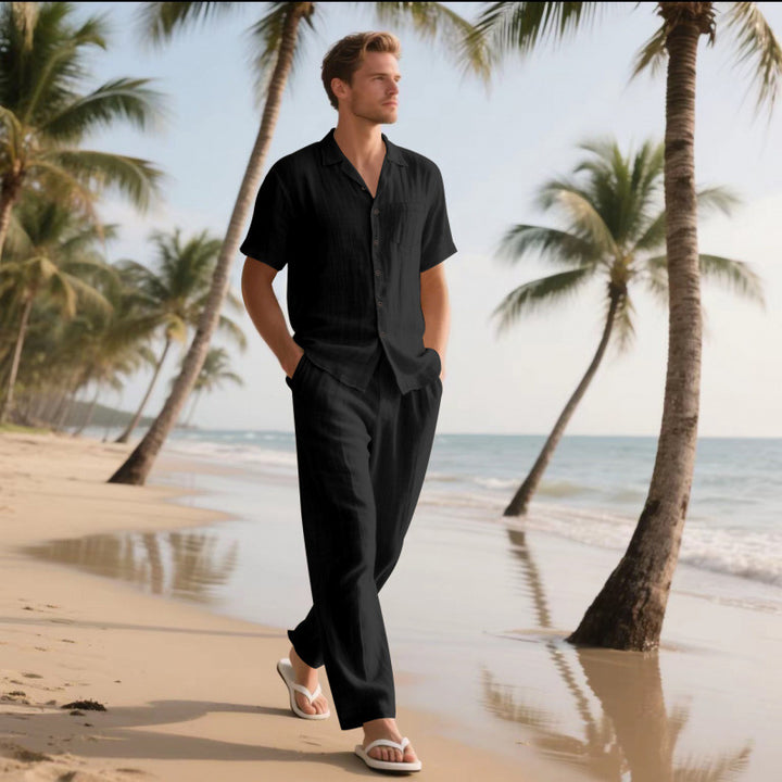 Herren avslappnad strandoutfit i andningsbart linne Mirla-Eva Jonsson