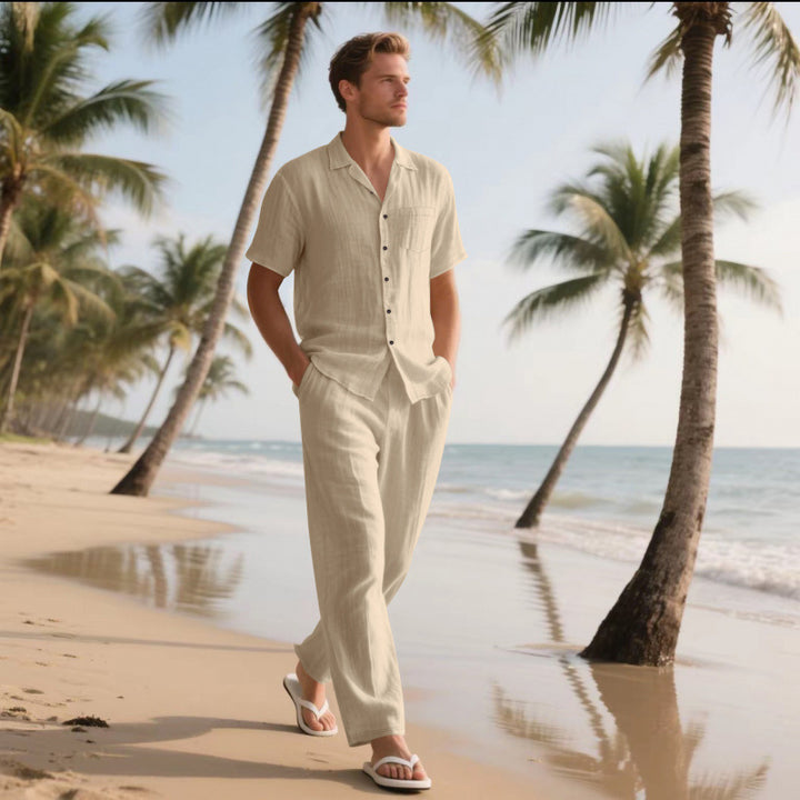 Herren avslappnad strandoutfit i andningsbart linne Mirla-Eva Jonsson