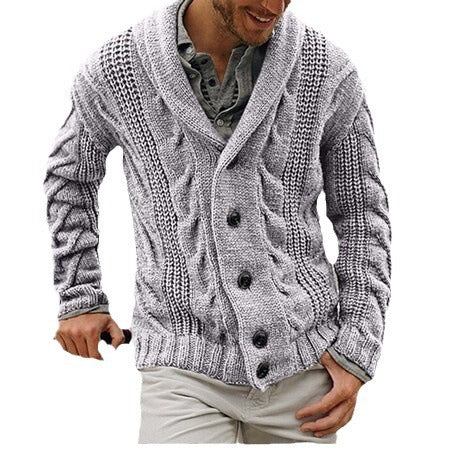 Herren cardigan med modern kabelmönster och stor sjalkrage Mirla-Eva Jonsson