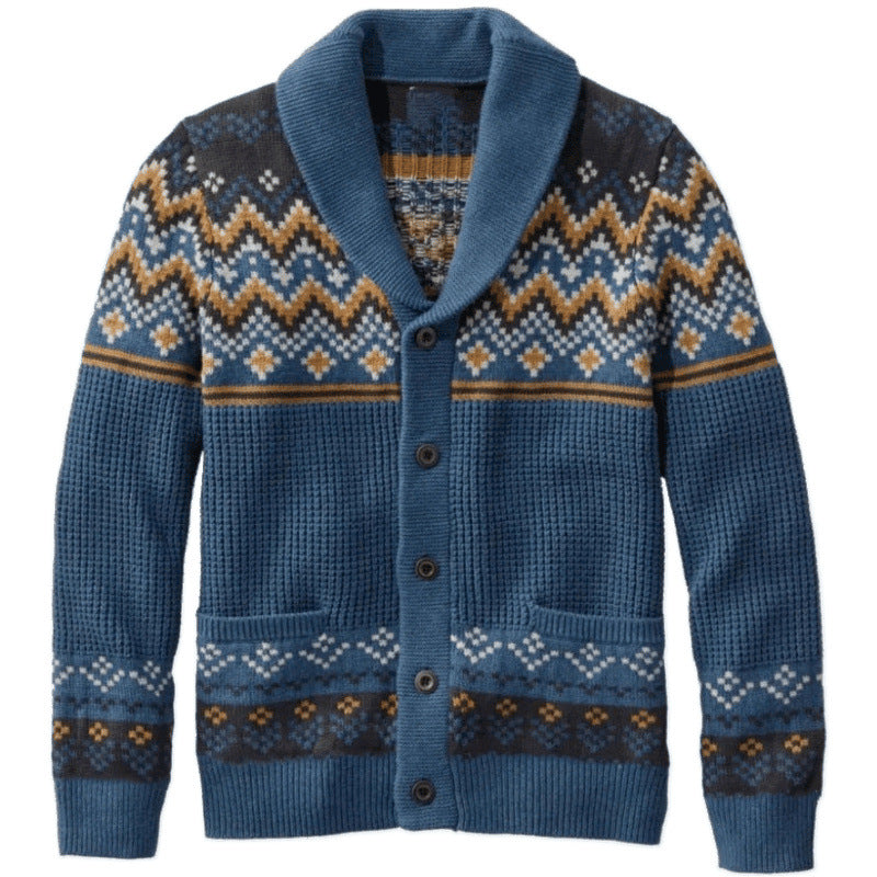 Herren cardigan med traditionellt norsk mönster och stora fickor Mirla-Eva Jonsson