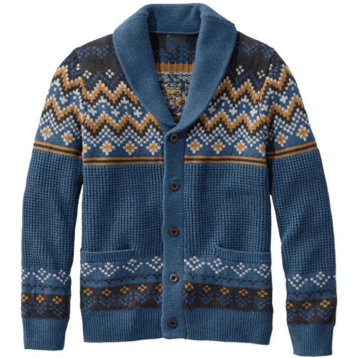 Herren cardigan med traditionellt norsk mönster och stora fickor Mirla-Eva Jonsson