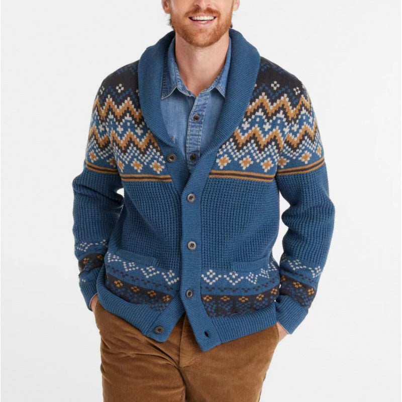 Herren cardigan med traditionellt norsk mönster och stora fickor Mirla-Eva Jonsson