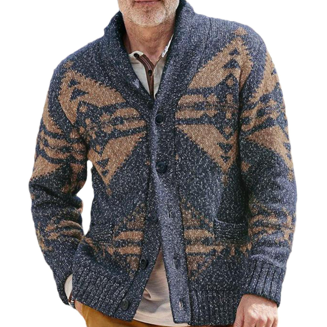 Herren cardigan med unikt geometriskt mönster och djup krage Mirla-Eva Jonsson