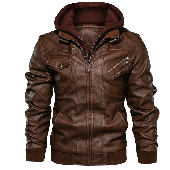 Herren casual konstläderjacka med avtagbar hoodie Mirla-Eva Jonsson