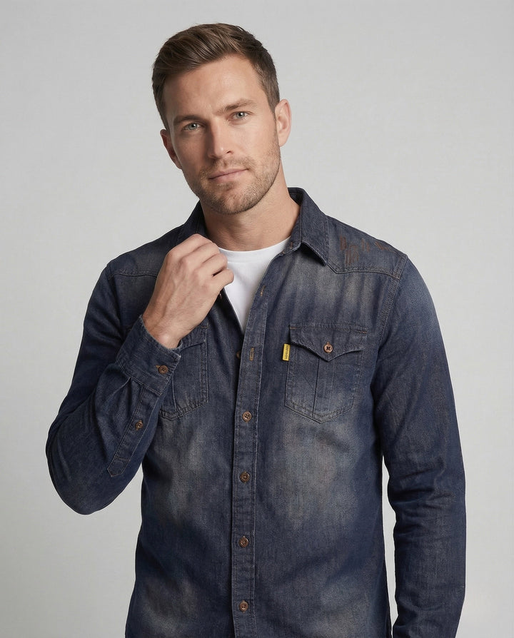 Herren denimskjorta slim fit bröstfickor kentkrage-Eva Jonsson