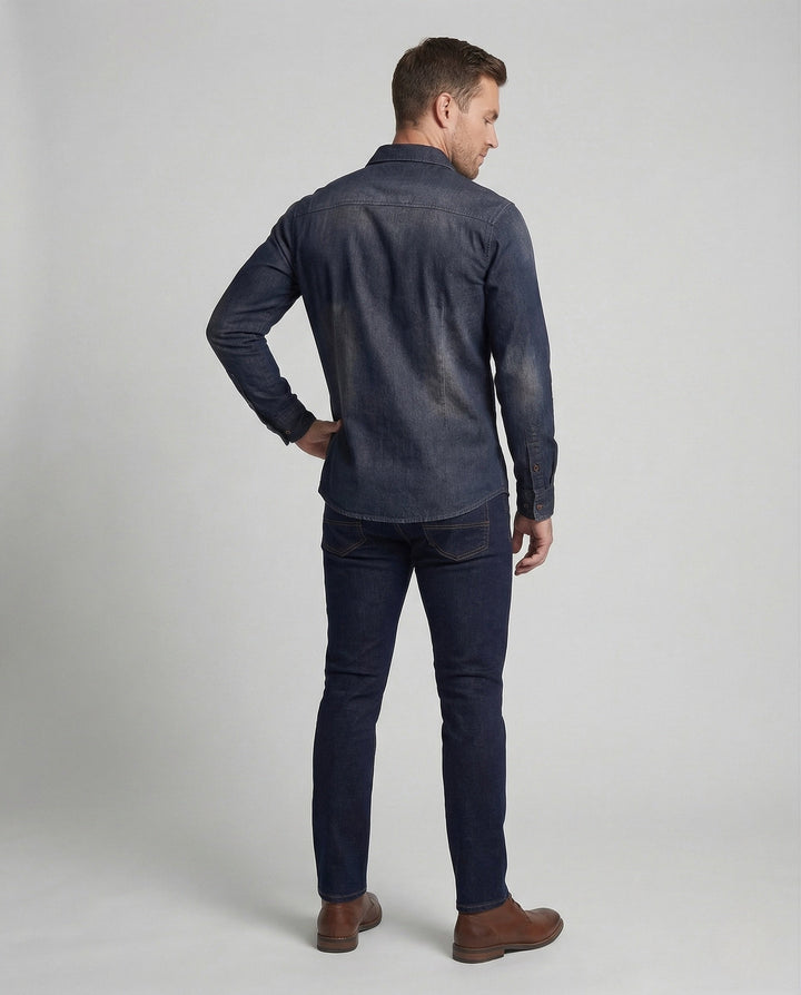 Herren denimskjorta slim fit bröstfickor kentkrage-Eva Jonsson