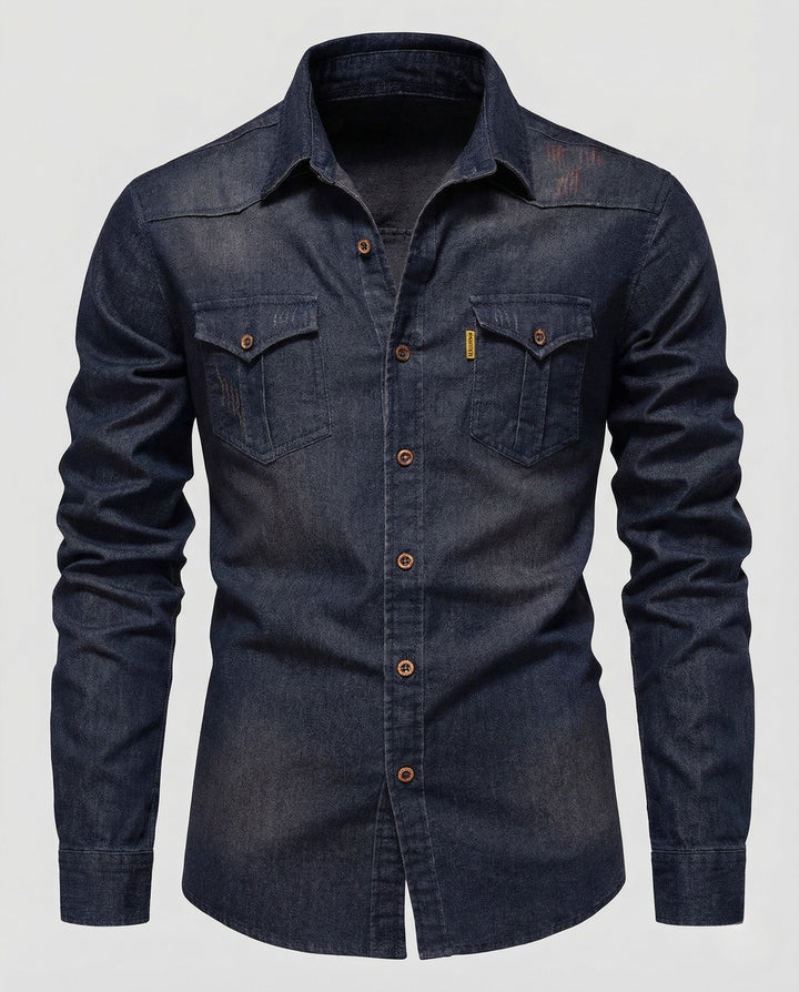 Herren denimskjorta slim fit bröstfickor kentkrage-Eva Jonsson