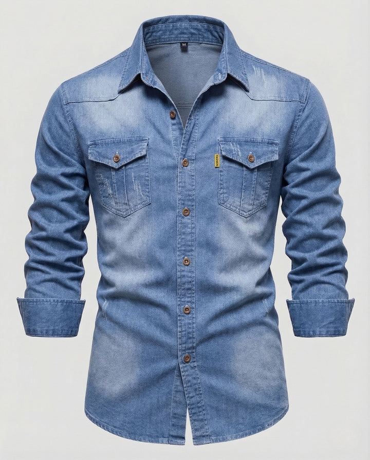 Herren denimskjorta slim fit bröstfickor kentkrage-Eva Jonsson