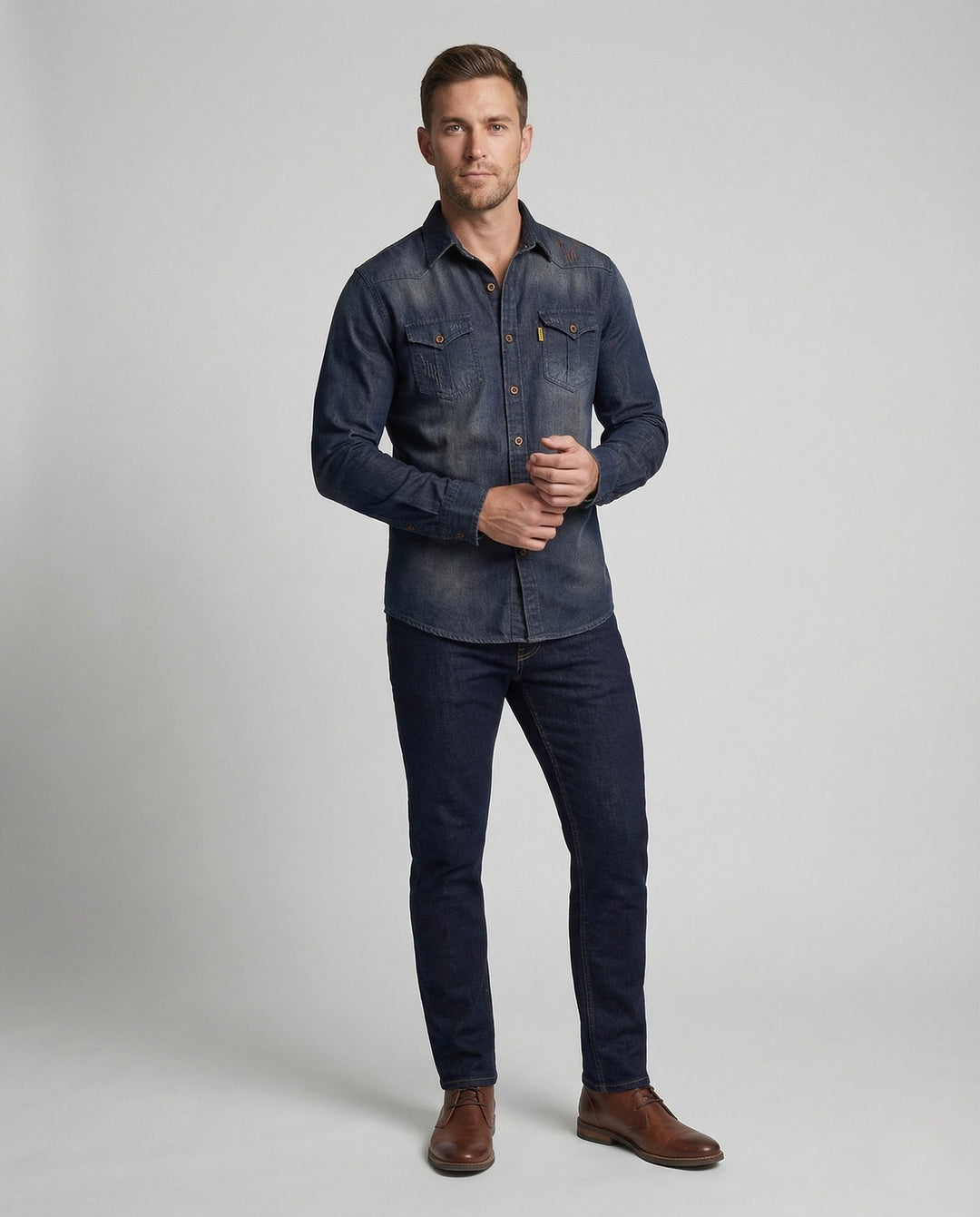 Herren denimskjorta slim fit bröstfickor kentkrage-Eva Jonsson