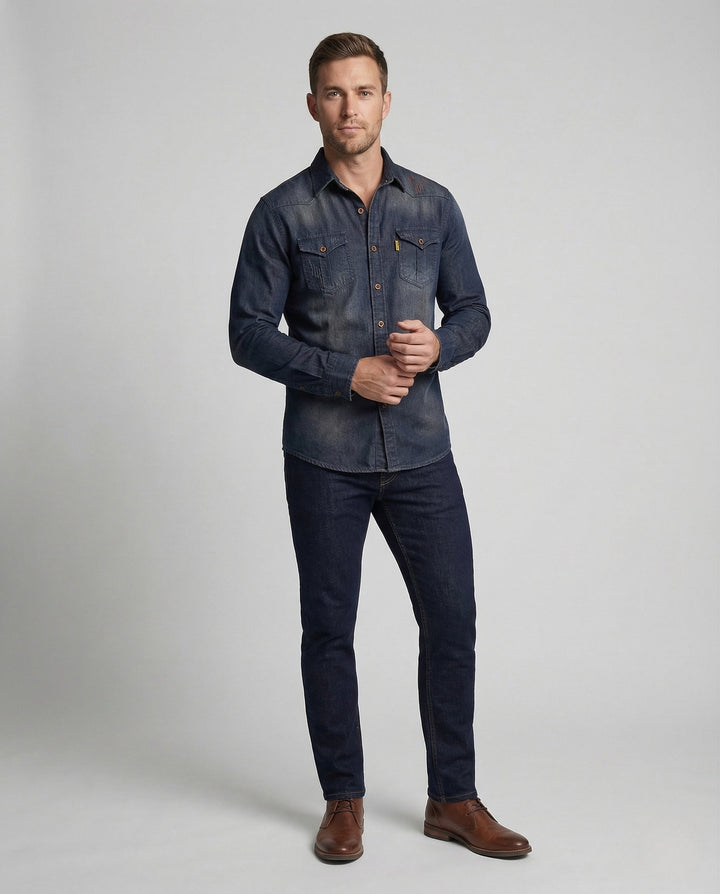 Herren denimskjorta slim fit bröstfickor kentkrage-Eva Jonsson