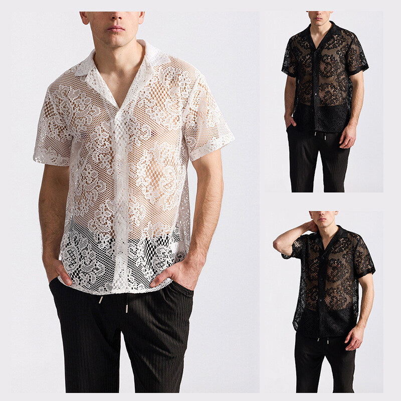 Herren designer-skjorta i transparent crochet-material med blommönster Mirla-Eva Jonsson