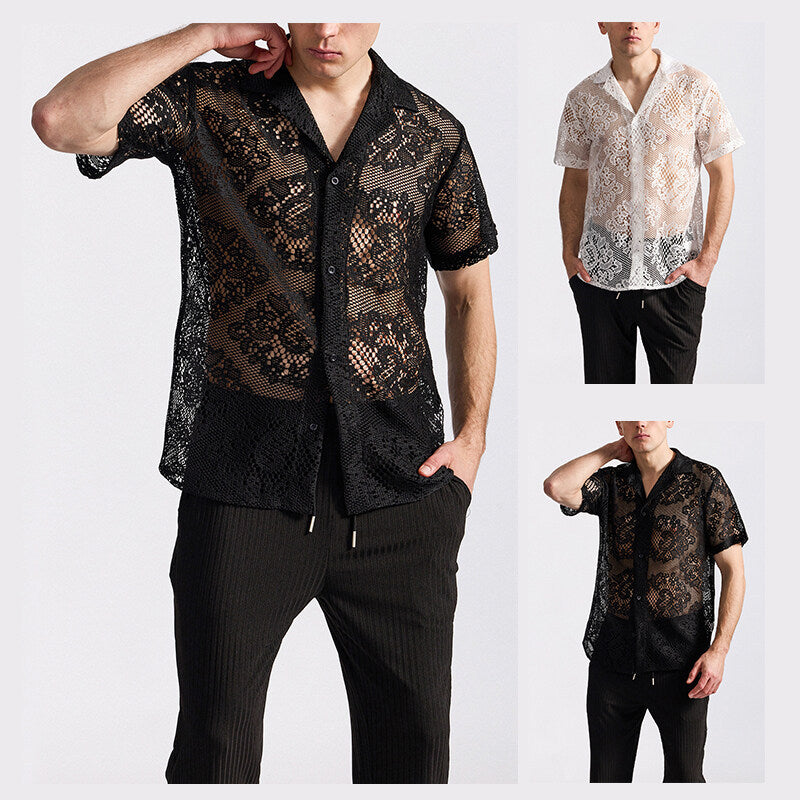 Herren designer-skjorta i transparent crochet-material med blommönster Mirla-Eva Jonsson
