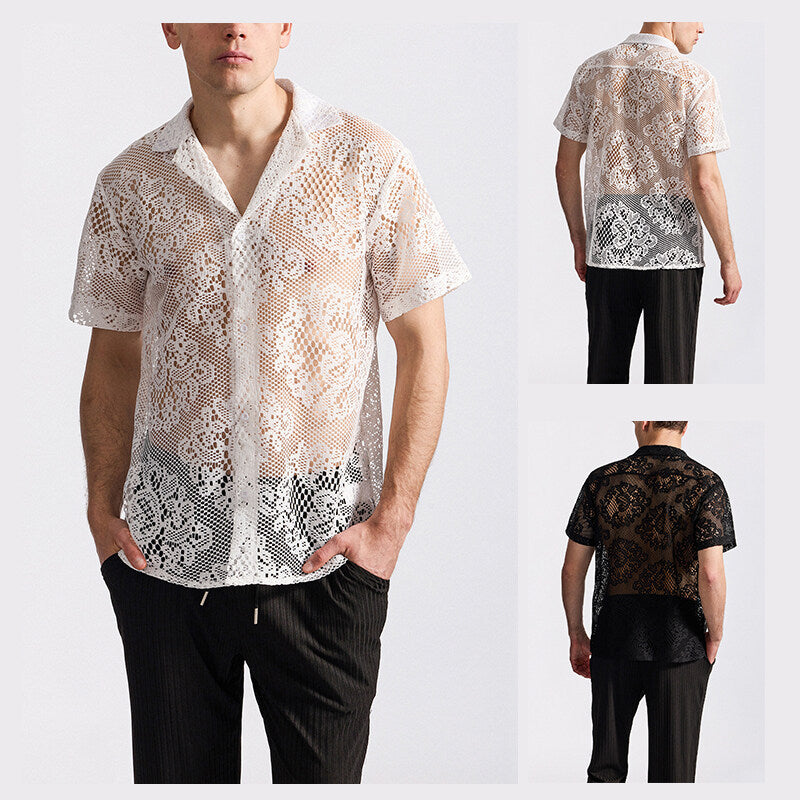 Herren designer-skjorta i transparent crochet-material med blommönster Mirla-Eva Jonsson