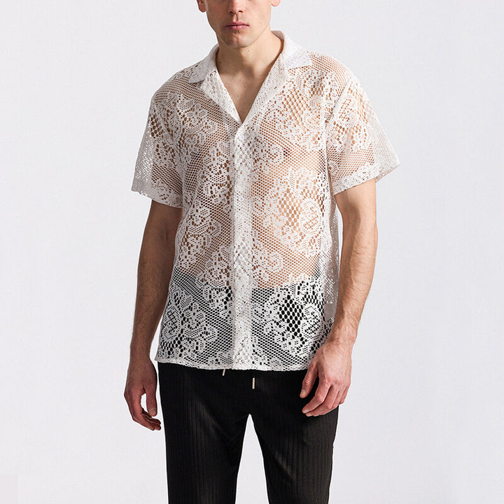 Herren designer-skjorta i transparent crochet-material med blommönster Mirla-Eva Jonsson