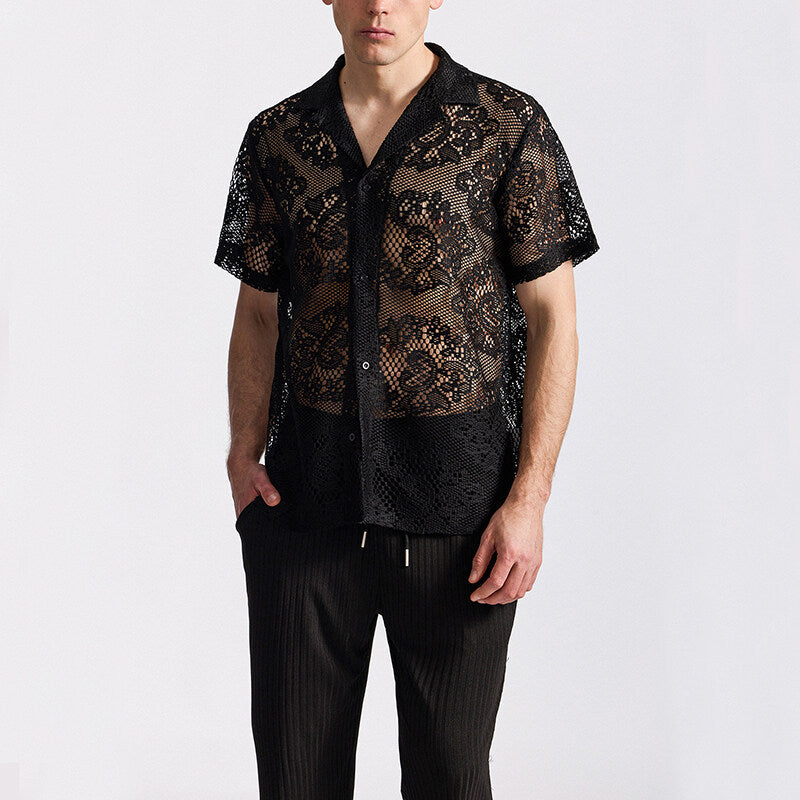 Herren designer-skjorta i transparent crochet-material med blommönster Mirla-Eva Jonsson