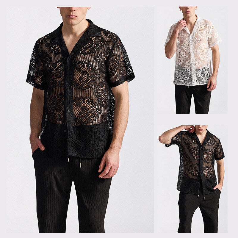 Herren designer-skjorta i transparent crochet-material med blommönster Mirla-Eva Jonsson