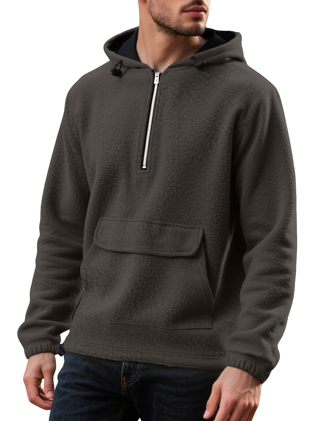 Herren fleece-hoodie med halv dragkedja och praktisk känguruficka Mirla-Eva Jonsson