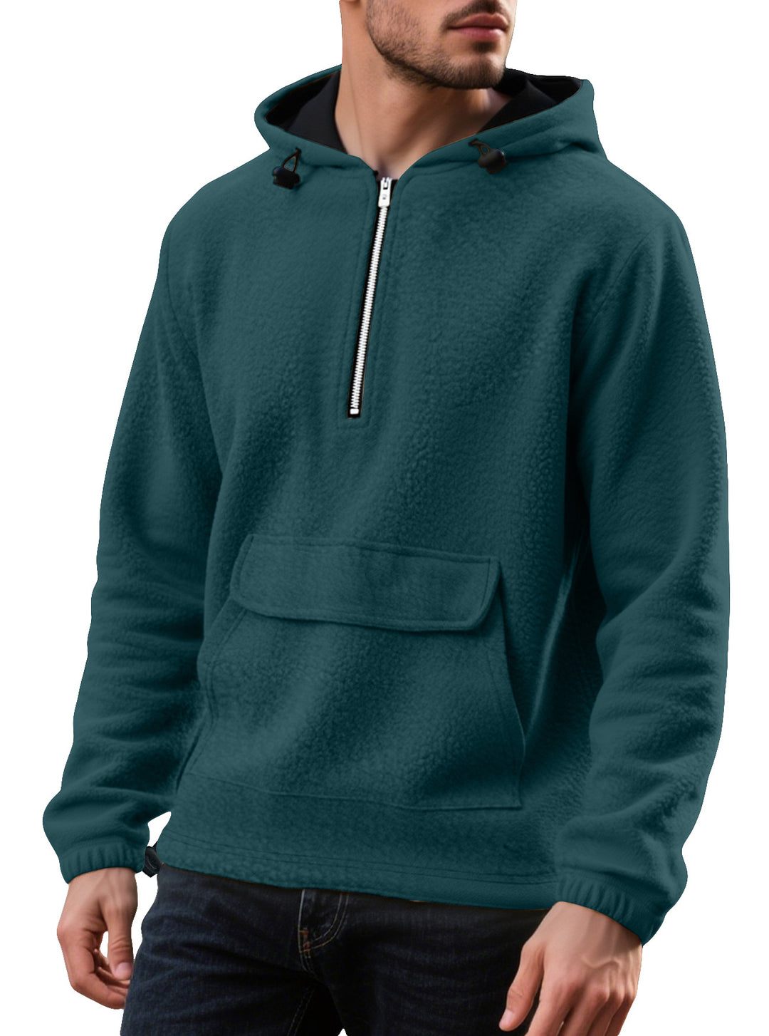 Herren fleece-hoodie med halv dragkedja och praktisk känguruficka Mirla-Eva Jonsson