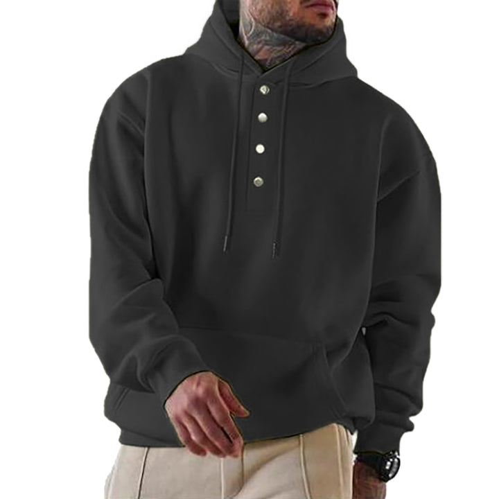 Herren hooded sweatshirt med modernt knäppsystem och praktisk känguruficka Mirla-Eva Jonsson