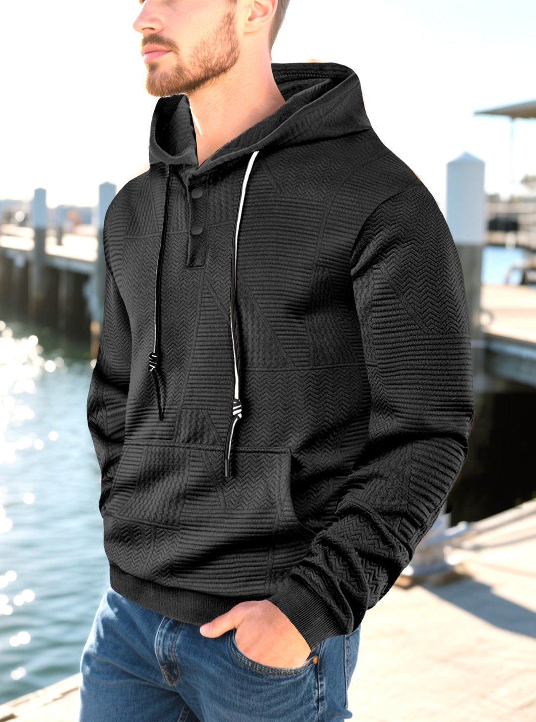 Herren hoodie med strukturerad yta och knappslå Mirla-Eva Jonsson