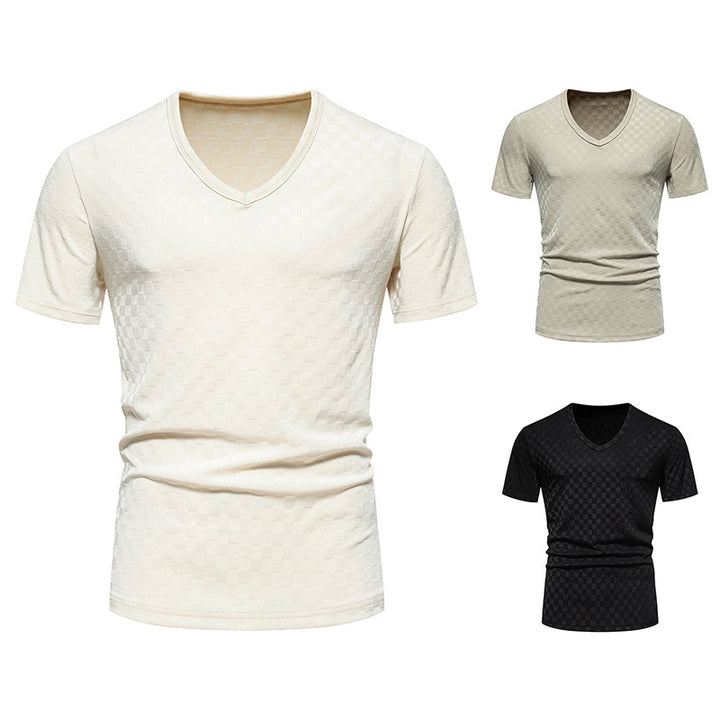 Herren kortärmad V-hals T-shirt med strukturerat material Mirla-Eva Jonsson